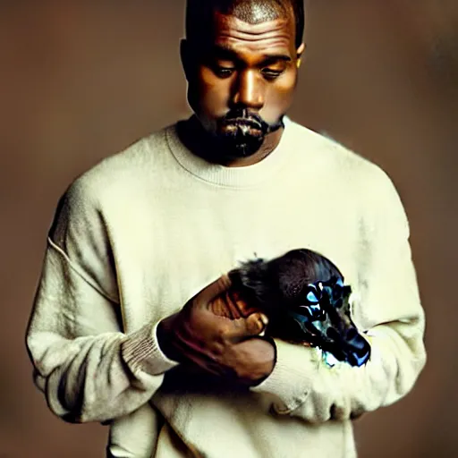 Prompt: Kanye West crying while holding a puppy for a 1990s sitcom tv show, Studio Photograph, portrait, very sad C 12.0
