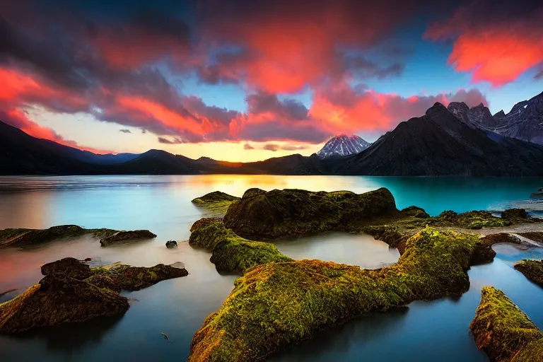 Image similar to amazing landscape photo of mountains with lake in sunset by marc adamus, beautiful dramatic lighting