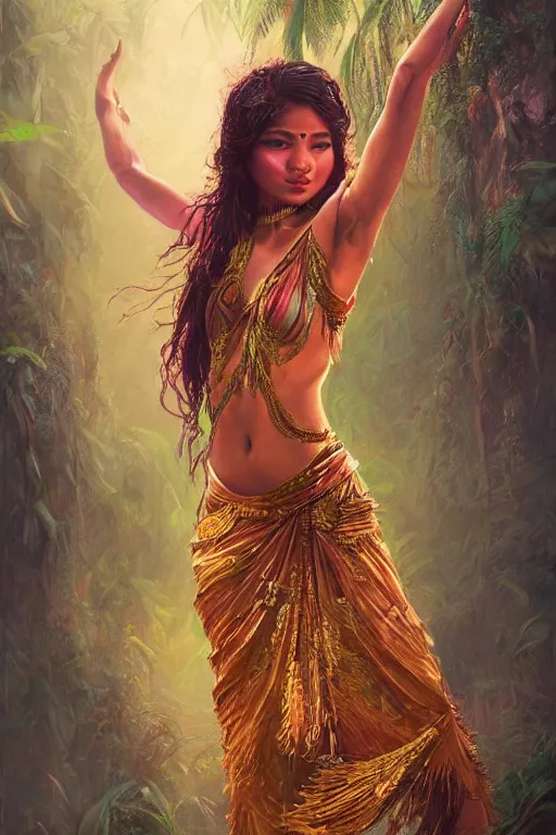 Image similar to stunningly beautiful, nepali dancer in jungle, symmetrical face, golden hour, smooth, focus, highly detailed, hyper realistic, dramatic lighting, elegant, intricate, concept art, art by wlop, mars ravelo, greg rutowski, artstation