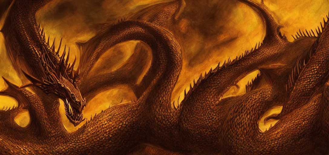 Prompt: Smaug the Dragon's horde of gold, digital painting