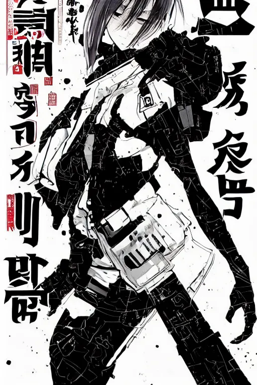 Image similar to professionally drawn seinen mature cyberpunk horror detective action manga comic cover, full color, beautifully drawn coherent professional, drawn by ilya kuvshinov, ilya kuvshinov, and hiromu arakawa and tsutomu nihei. japanese script kanji hiragana on the cover. simplistic minimalist cover art. stylized stylistic.