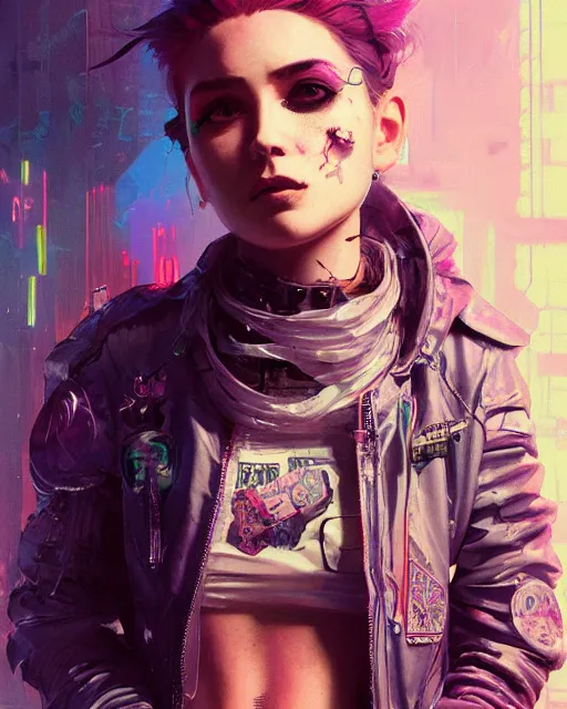 Image similar to detailed portrait Young Rebel Girl cyberpunk futuristic ((neon)) tattoes, yakuza, styled hair Reflective puffy sheen film jacket, decorated traditional ornaments by ismail inceoglu dragan bibin hans thoma greg rutkowski Alexandros Pyromallis Nekro Alphonse Mucha illustrated Perfect face, fine details, realistic shaded, fine-face, pretty face