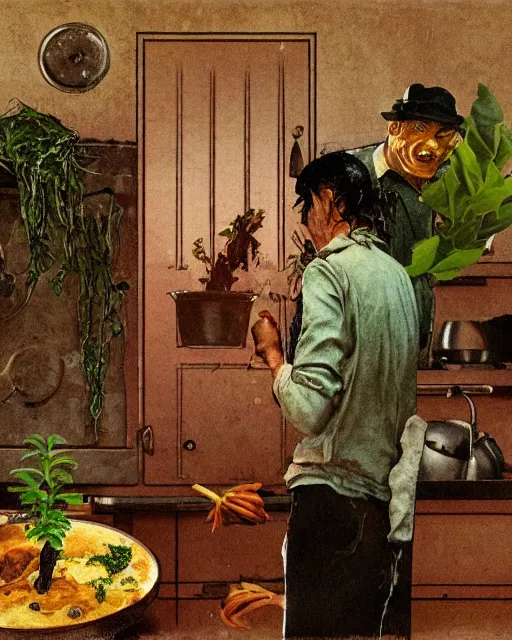 Image similar to dark fleshy figure cooking on stove top while another dark figure laughs alone inside a kitchen overgrown with plants in the style of Norman Rockwell and Greg Rutkowski and Francis Bacon