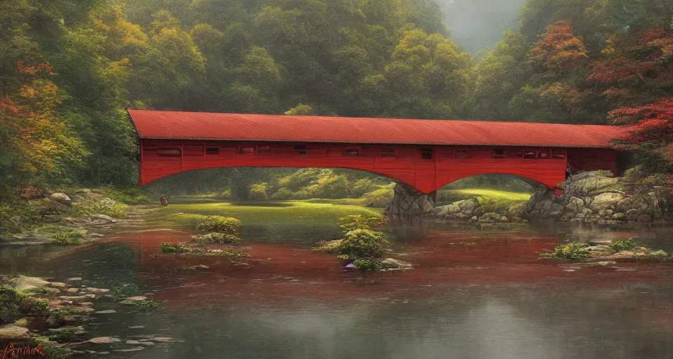 Image similar to A beautiful digital painting of a covered bridge, crystal lake, lovely valley by Stanley Artgerm Lau, Rossdraws, James Jean, gerald brom, Andrei Riabovitchev, Marc Simonetti, and Sakimichan, trending on artstation