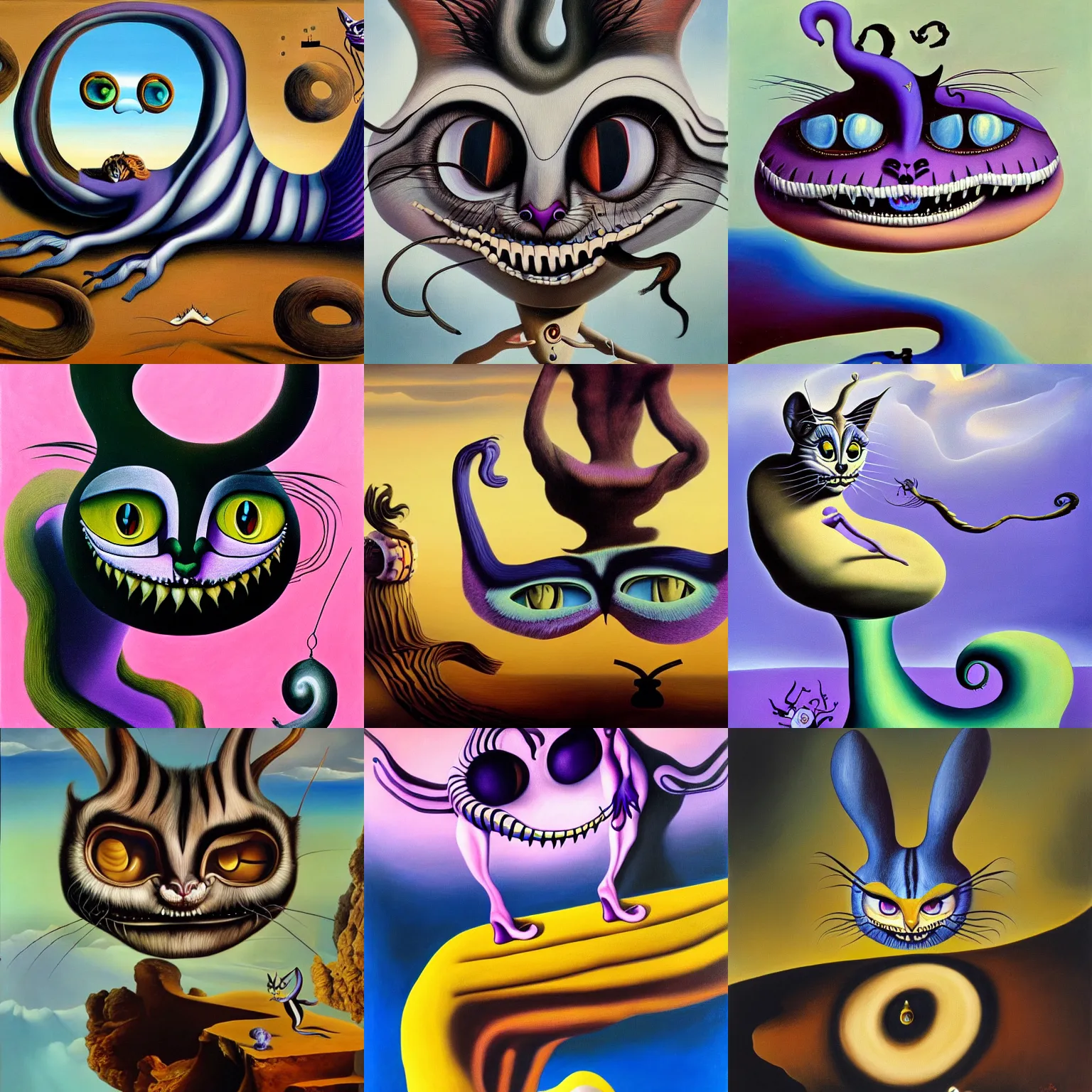 Prompt: a surrealist painting by salvador dali of the cheshire cat, 4 k, trending on artstation and pixiv