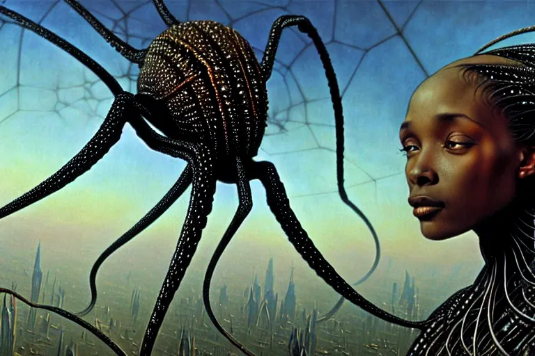 Prompt: realistic detailed photorealistic closeup portrait movie shot of a beautiful black woman riding a giant spider, dystopian city landscape background by denis villeneuve, amano, yves tanguy, alphonse mucha, ernst haeckel, jean delville, david lynch, edward robert hughes, roger dean, cyber necklace, rich moody colours, cyber patterns, wide angle