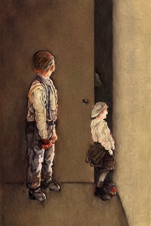 Image similar to a 1 2 year old boy and 3 year old girl looking at a wall full of ghosts, part by norman rockwell, part by greg rutkowski, part by mattias adolfsson, high angle, ( ( ( ( volumetric lighting ) ) ) ), oil on canvas