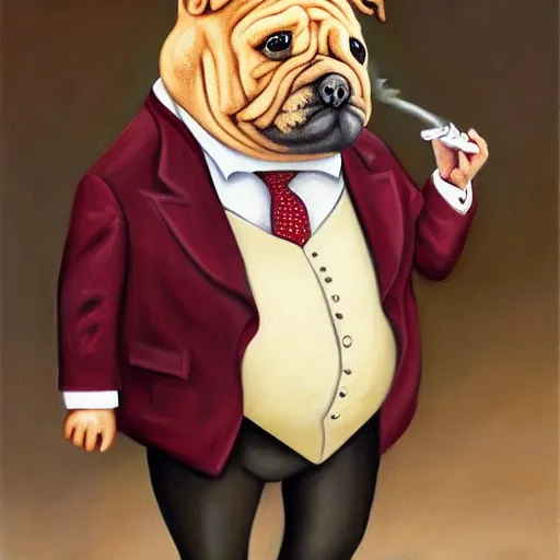 Prompt: anthropomorphic fat dog wearing a suit and smoking a cigar, oil painting, masterpiece, very detailed, realistic