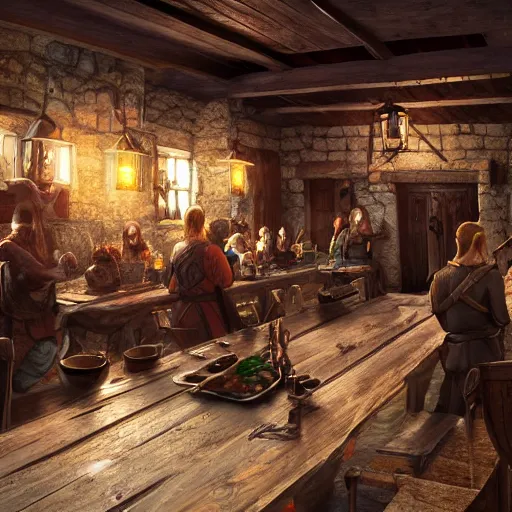 Prompt: A tavern filled with adventurers, medieval fantasy, warm lighting, wide shot,