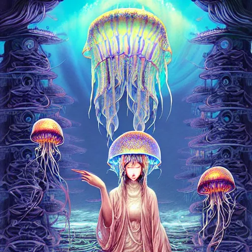 Image similar to A painting of priestesses worshipping at the jellyfish temple, shrouded in mist, jellyfish god, jellyfish priestess, jellyfish shrine maiden 8K, illustration, intricate artwork by Tooth Wu and wlop and Artgerm and dan mumford, smoke, undersea temple with fish, cinematic, insanely detailed and intricate, hypermaximalist, elegant, super detailed, award-winning, chartreuse and orange and cyan, mysterious, ancient, ritual, ethereal, trending in cgsociety, artstation HQ, ornate, elite, haunting, matte painting, beautiful detailed, insanely intricate details, artstation trending