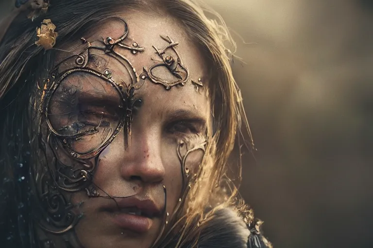 Image similar to close - up photo of a beautiful warrior princess in a battle scene, shallow depth of field, photorealistic, cinematic lighting, warm colours, dusk