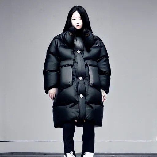 Image similar to extremely beautiful photograph of a young pretty korean woman wearing huge oversized very baggy large puffer jacket in the style of vetements, well lit, studio lighting, glossy, vogue, very realistic and beautiful fashion photography, moncler genius, balenciaga, yeezy, kanye west, balenciaga, vetements