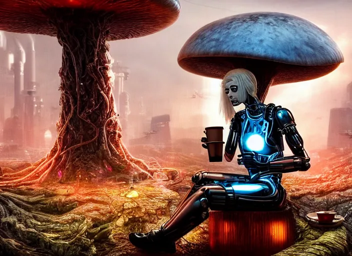 Prompt: photo of an intricate and sophisticated terminator woman with borg enhancements, blonde hair and detailed pretty face sitting on a giant mushroom in a weird magical mechanical forest and drinking a cup of tea. Very detailed 8k. Fantasy cyberpunk horror. Sharp.