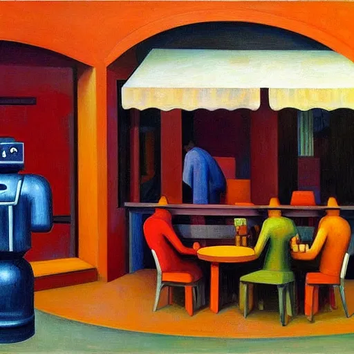 Image similar to robot cafe, blocky courtyard, grant wood, pj crook, edward hopper, oil on canvas