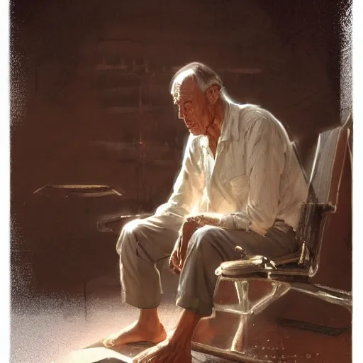 Image similar to a highly detailed epic cinematic concept art CG render digital painting artwork costume design: Henry Fonda as a 1950s tired disillusioned poet, barefoot, thinking. volumetric lighting. By Greg Rutkowski, in the style of Francis Bacon and Syd Mead and Norman Rockwell and Beksinski, great attention to proper perfect anatomy, highly detailed, painted by Francis Bacon and Edward Hopper, painted by James Gilleard, surrealism, airbrush, Ilya Kuvshinov, WLOP, Stanley Artgerm, very coherent, triadic color scheme, realistic facial expression, art by Takato Yamamoto and James Jean