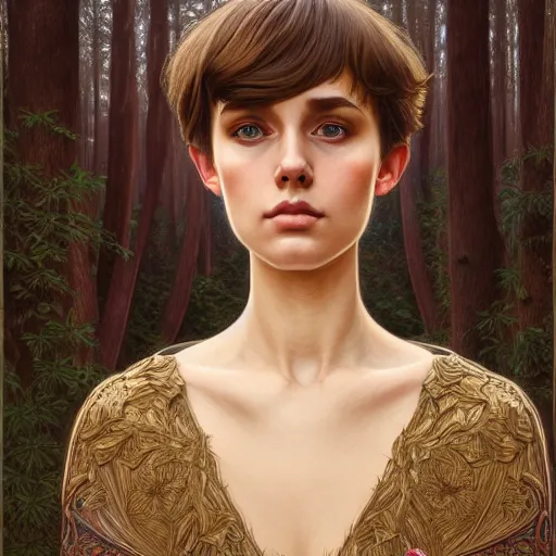 Prompt: symmetry portrait of welsh brunette student in mans tunic, tomboy, short hair, intricate forest background, intricate, elegant, highly detailed, digital painting, artstation, concept art, smooth, sharp focus, illustration, art by artgerm and greg rutkowski and fra angelico and alphons mucha