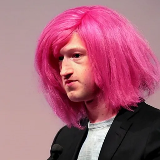 Prompt: photo of Mark Zuckerberg wearing a long pink wig