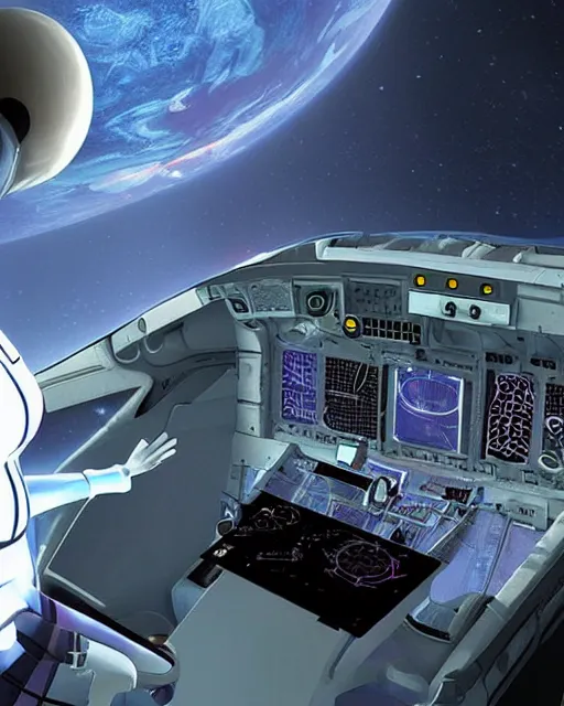 Image similar to A female Android extraterrestrial pilot in the control seat while flying the spacecraft. A viewing window in Background with a three-dimensional computer hologram showing as a reflection, insanely detailed, digital art