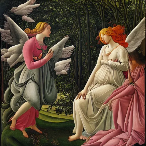 Prompt: a woman surrounded by angels in nature, magical feeling, painting in the style of Sandro Botticelli, 4k,