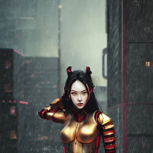 Image similar to An realistic epic fantastic comic book style portrait painting of a female cyber samurai by WLOP, black and reddish color armor, cyberpunk feel raining at tokyo rooftop, Concept world Art, unreal 5, DAZ, hyperrealistic, octane render, cosplay, RPG portrait, dramatic lighting, rim lights