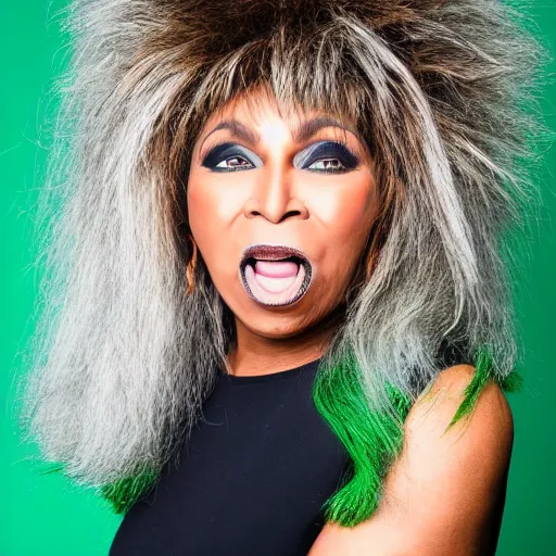 Prompt: tina turner portrait, green turnip hair, colored, dslr, photoshoot