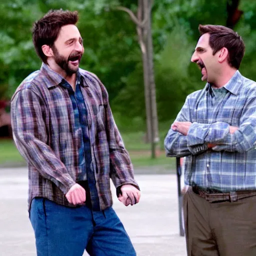 Prompt: Charlie Kelly and Michael Scott at the park, laughing and playing together, friendship, best friends