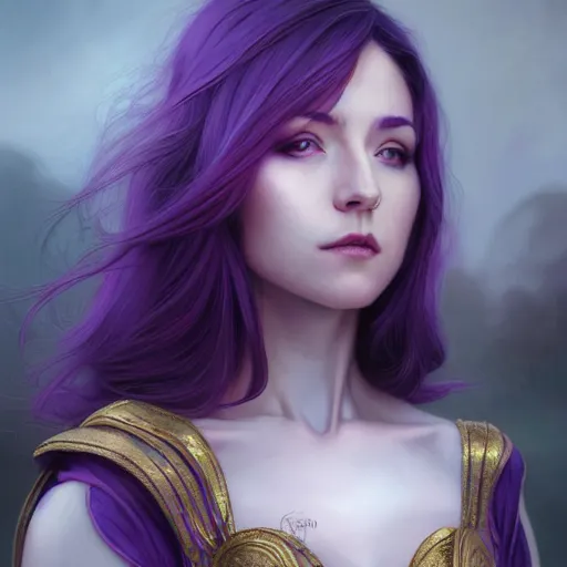 Prompt: purple haired mage, full body portrait, gentle, cloth, female, city landscape, d & d, fantasy, intricate, elegant, highly detailed, digital painting, purple and gold color palette, artstation, octane render, concept art, matte, sharp focus, illustration, herrarthstone, art by artgerm and greg rutkowski and alphonse mucha