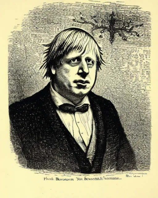 Prompt: illustration of boris johnson from the dictionarre infernal, etching by louis le breton, 1 8 6 9, 1 2 0 0 dpi scan