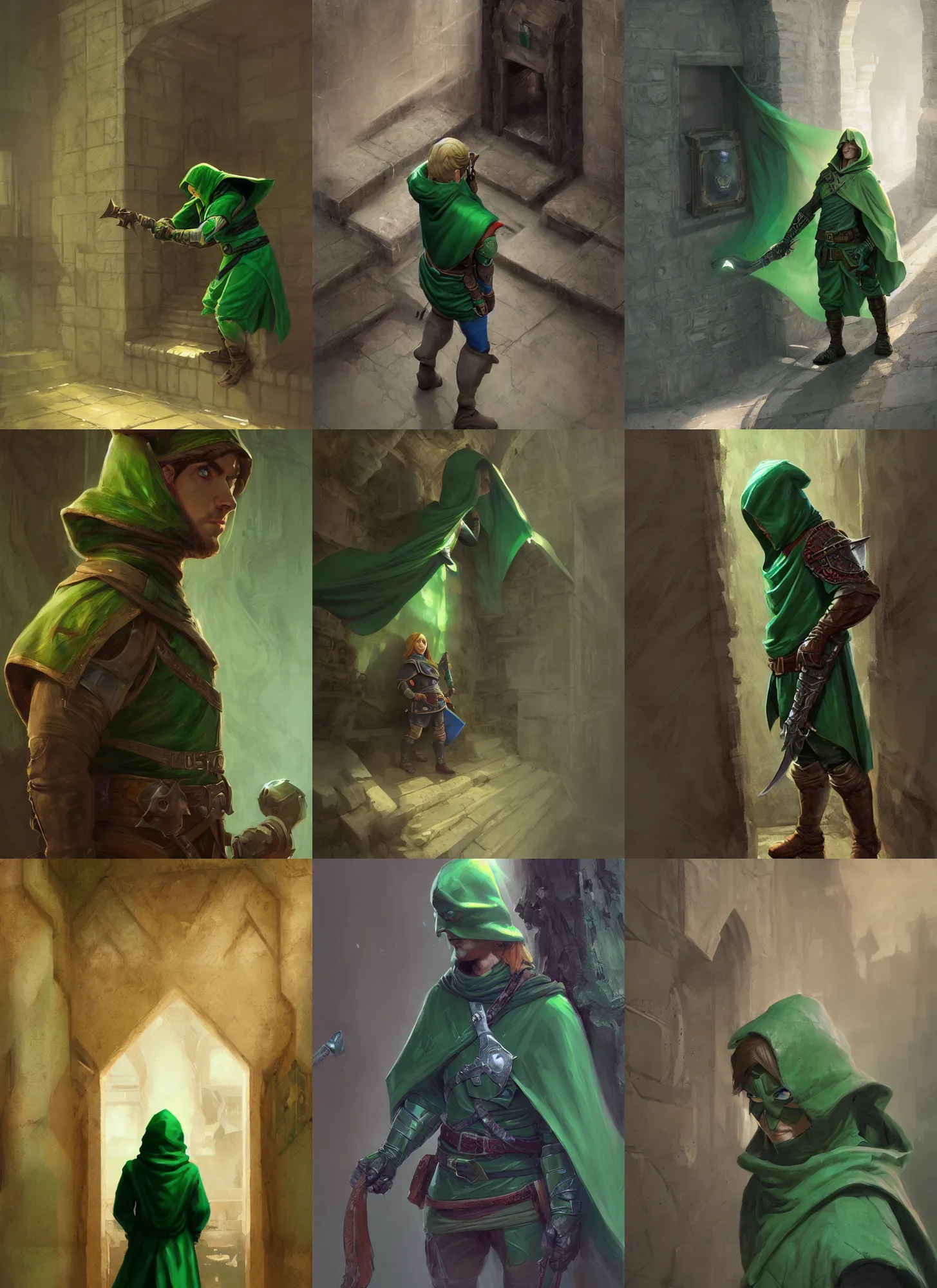 Prompt: link, spying, low-angle shot, hidden behind a wall, green hood, medieval, marvel comics, dark, intricate, highly detailed, smooth, artstation, digital illustration, ruan jia, mandy jurgens, rutkowski