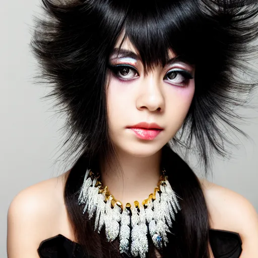 Image similar to “ fashion model black hair almond eyes jewelry looking into lens heavy bokeh 7 0 s make up ”