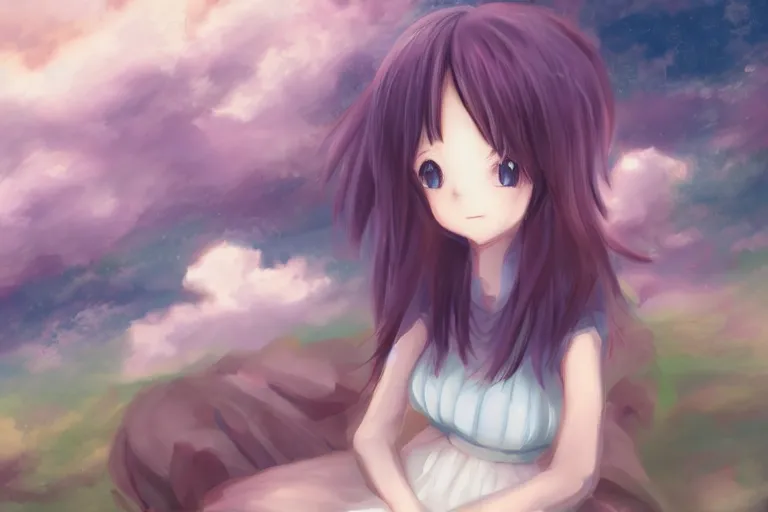 Image similar to a cute anime girl sitting on a cloud, digital painting, anime, portrait