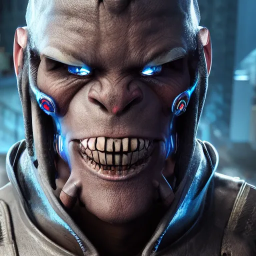 Image similar to hyper realistic cyberpunk orc, perfect face, 8 k, unreal engine, ultra detailed.