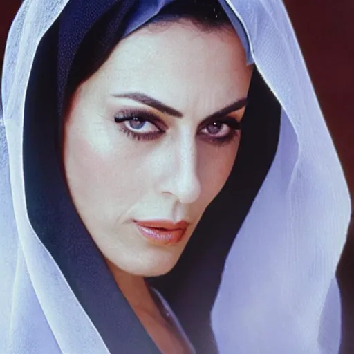 Image similar to Monica Belluci as an Arab woman, blue eyes