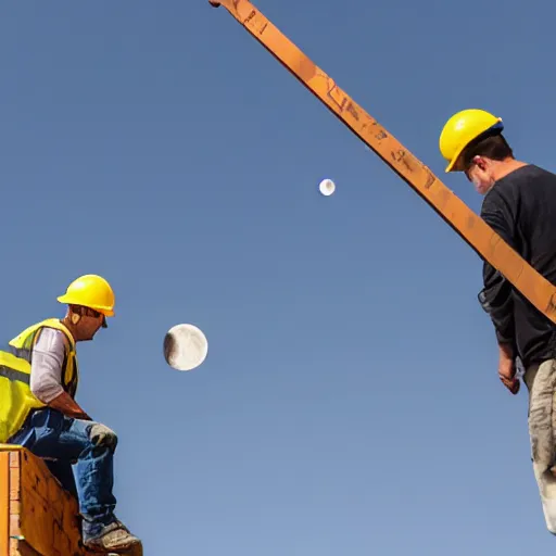 Image similar to Two construction workers removing the moon from the sky