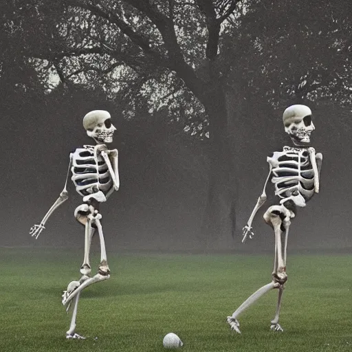 Image similar to two skeletons playing football in a graveyard at dawn