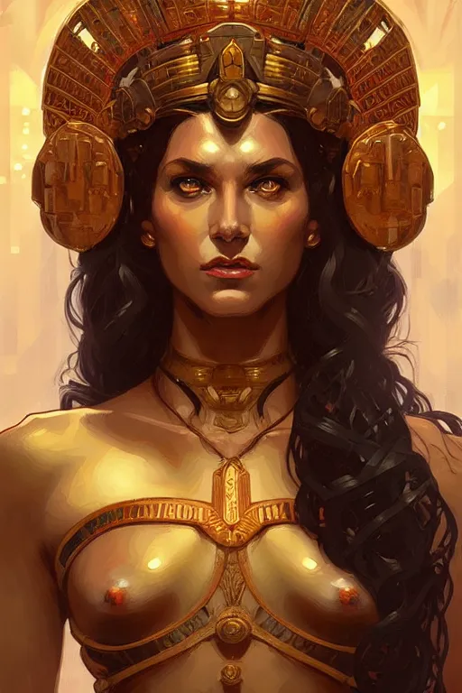 Image similar to pixel art of the Greek godess Hera looking angry, rusty armor, portrait, digital painting, artstation, concept art, beautiful face, symmetric face, cinematic, by Artgerm and Greg Rutkowski and Alphonse Mucha