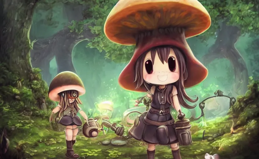 Image similar to cute little girl with an long hair wearing an mushroom hat and holding an cute cannon in the dark forest next to a sinister monster, cute artwork, clean detailed art, inspired made in abyss, detailed background, fantastic world, spectacular quality