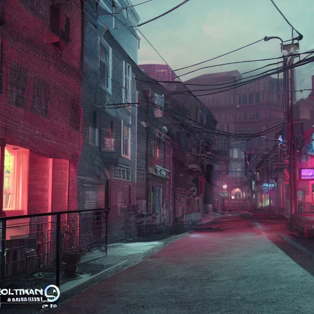 Image similar to colonial portsmouth new hampshire street as a cybercity, cyberpunk, colonial, synthwave, futuristic colonial hybrid, cinematic, volumetric, realistic, cinematic lighting, ray tracing, unreal engine 5, octane render, hyper realistic, photo, 8 k