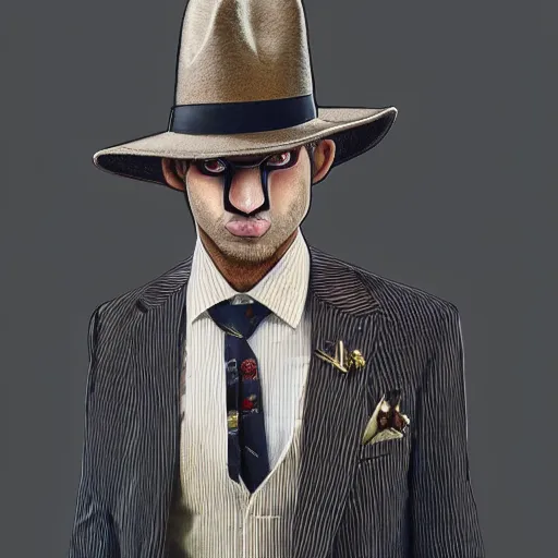 Prompt: a upper body portrait of a deer in a pinstriped suit and pants wearing a fedora with the antlers sticking out of the fedora by artgerm and wlop, human hands adjusting the tie, intricate detail, digital art, photorealistic, trending on artstation