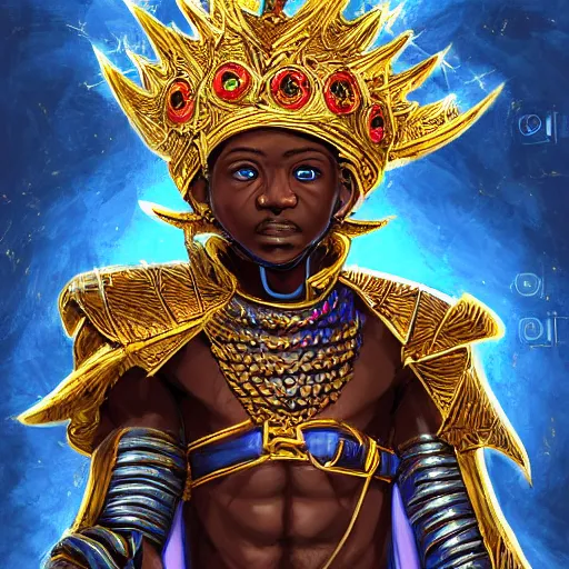 Prompt: a young black boy dressed like an african moorish warrior in gold armor and a crown with a ruby, posing with a very ornate glowing electric spear!!!! at night, for honor character digital illustration portrait design, by android jones in a psychedelic fantasy style, dramatic lighting, hero pose, wide angle dynamic portrait