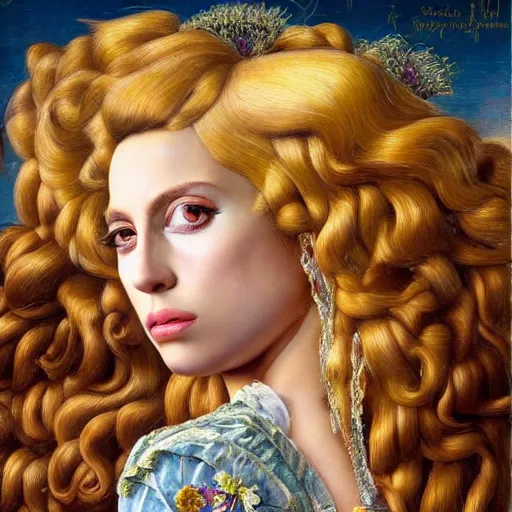 Image similar to photo realistic, hyper realism, lady gaga artpop act ii album, intricate detail, hyper detail, gaston bussiere, sandro botticelli style, with honey light brown rapunzel hair, detailed, masterpiece, sharp focus,