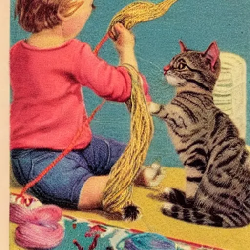 Image similar to cat playing with yarn, Vintage Magazine Illustration