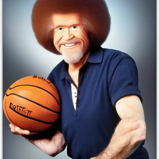 Prompt: bob ross with a basketball for hair, photo, 8 k