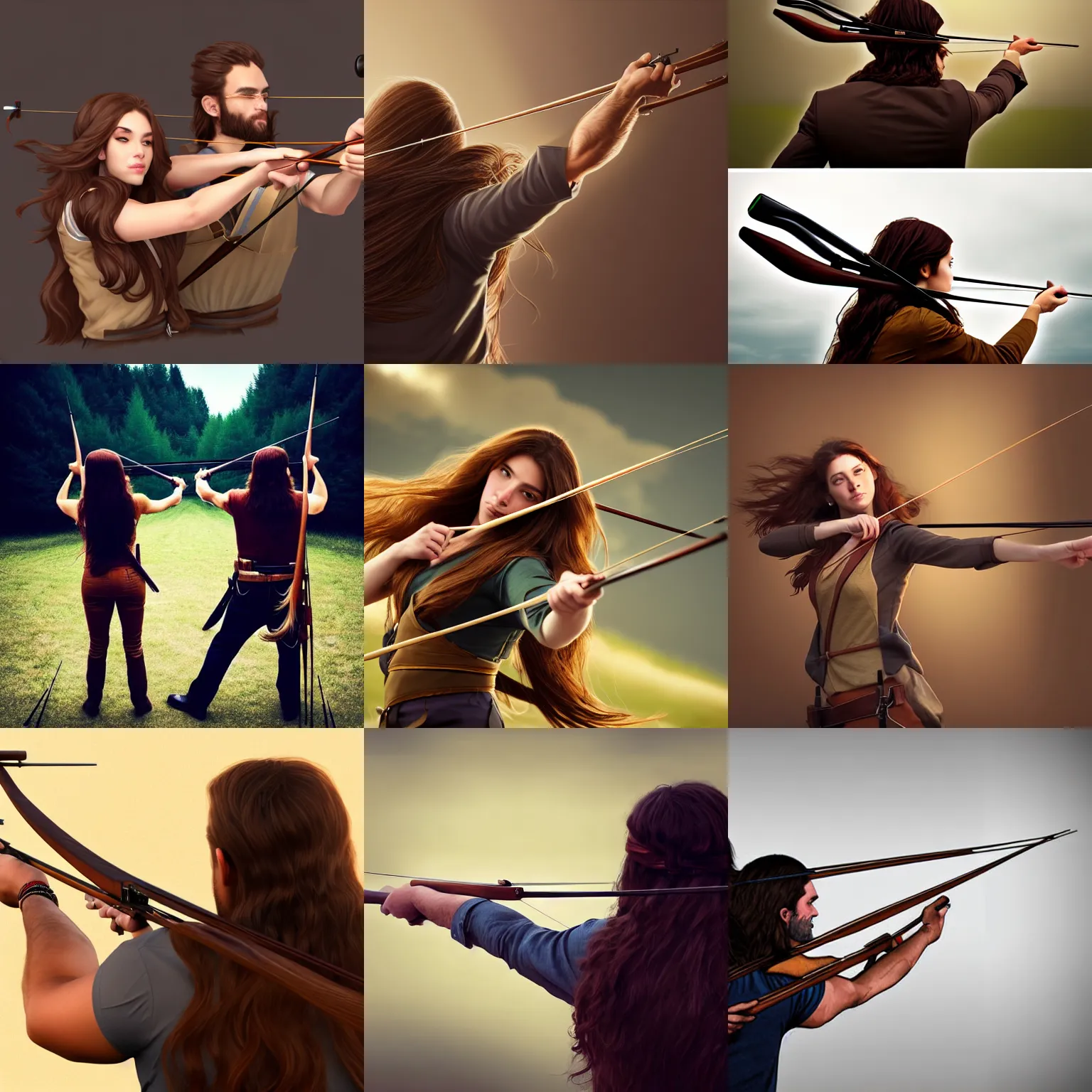 Prompt: over the shoulder shot of a man and woman with long brown hair shooting a bow side by side, trending on artstation