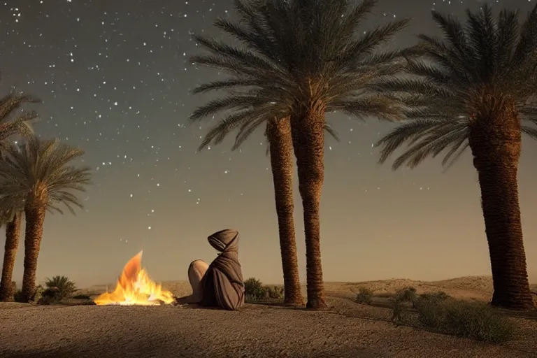 Image similar to a hooded Druid sitting under a tall palm tree in the Egyptian desert reading ancient scrolls in the light from a small fire at night, sitting on the ground, darkness, dim light from fire, desert, starry sky, an ancient city far in the distance, strong dramatic cinematic lighting, lost civilizations, smooth, sharp focus, extremely detailed