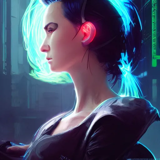 Image similar to cinematic side portrait woman, cyberpunk outfit large cloak, landscape, neon light in the hair, supervillain, undercut hairstyle, dark light night, intricate, elegant, sharp focus, illustration, highly detailed, digital painting, concept art, matte, art by wlop and artgerm and greg rutkowski and alphonse mucha, masterpiece