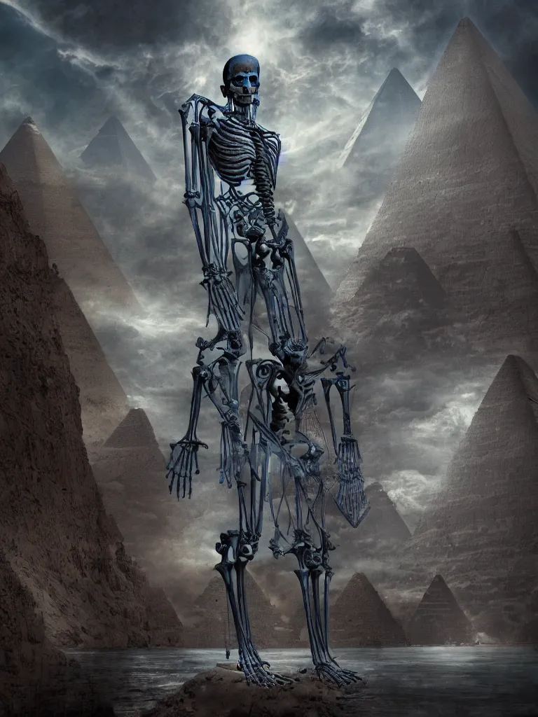 Prompt: detailed matte painting of an egyptian warrior, blue eyes, surrounded by a lake of sorrow and tears, sacred geometry humanoid robot skeleton, by cameron gray