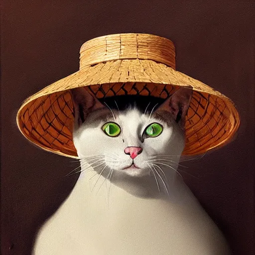 Prompt: A portrait of a cat wearing a small vietnamese straw hat, artwork by Sergey Kolesov