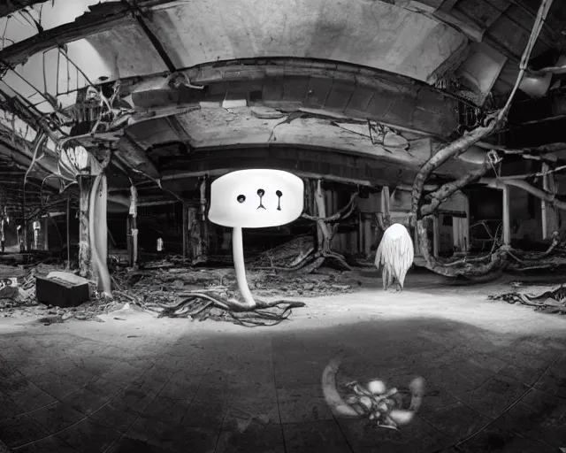 Image similar to camera footage of a extremely aggressive Giant mutated Octopus with glowing white eyes, False Human Features, in an abandoned shopping mall, Psychic Mind flayer, Terrifying, Metal Slug Aliens, Ronald McDonald :7 , high exposure, dark, monochrome, camera, grainy, CCTV, security camera footage, timestamp, zoomed in, Feral, fish-eye lens, Fast, Radiation Mutated, Nightmare Fuel, Ancient Evil, Bite, Motion Blur, horrifying, lunging at camera :4 bloody dead body, blood on floors, windows and walls :5