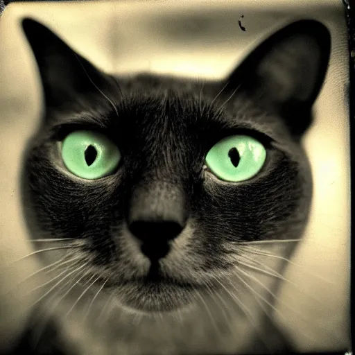 Image similar to an old polroid black and white cat highschool yearbook photo colorful bright green eyes, medium shot, hd, 8k, hyper-realism, detailed, octane 8k, gloomy, dark, creepy,